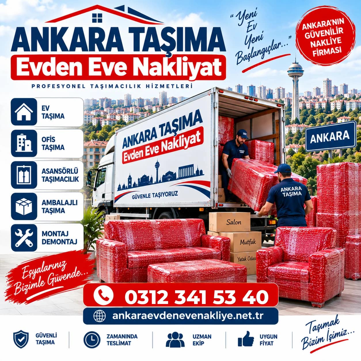 Ankara Taşıma ekibi paketlenmiş koltukları kapalı kasa kamyondan indiriyor, telefon 0312 341 53 40